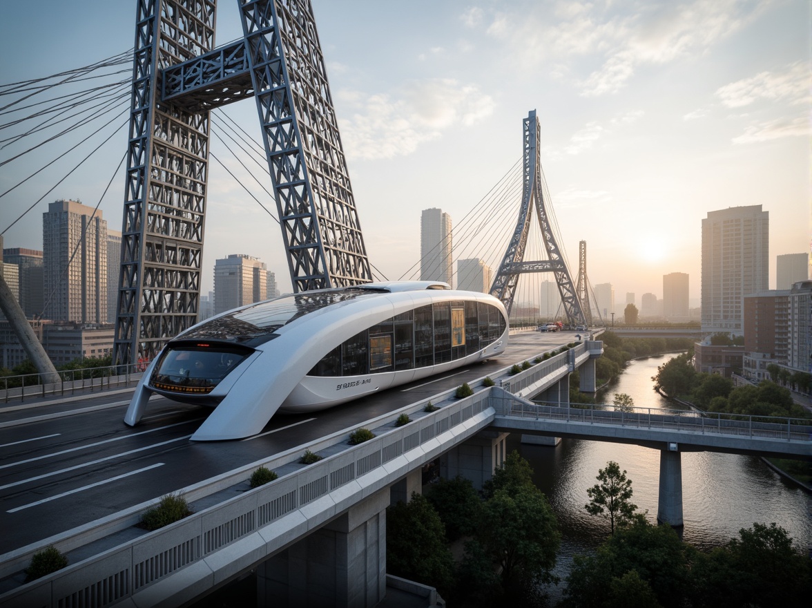 Prompt: Futuristic vehicular bridge, sleek curved lines, metallic latticework, LED lighting systems, suspension cables, modern urban cityscape, misty morning atmosphere, soft warm glow, shallow depth of field, 1/2 composition, dynamic motion blur, realistic reflective surfaces, ambient occlusion, advanced safety features, collision detection systems, intelligent transportation networks, electric vehicle charging stations, solar-powered pedestrian walkways, aerodynamic design, wind tunnel testing, optimized structural integrity, innovative materials science.