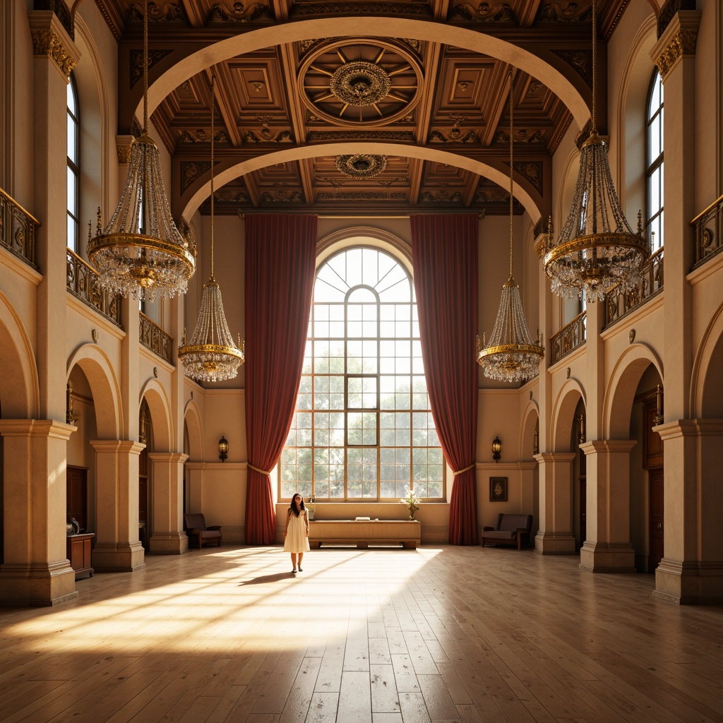 Prompt: Grand Renaissance-style gymnasium, high ceilings, ornate chandeliers, large arched windows, abundant natural light, warm beige walls, polished wooden floors, elegant columns, intricate moldings, luxurious velvet drapes, lavish crystal pendant lights, morning sunlight, soft golden illumination, shallow depth of field, 1/1 composition, symmetrical view, realistic textures, ambient occlusion.