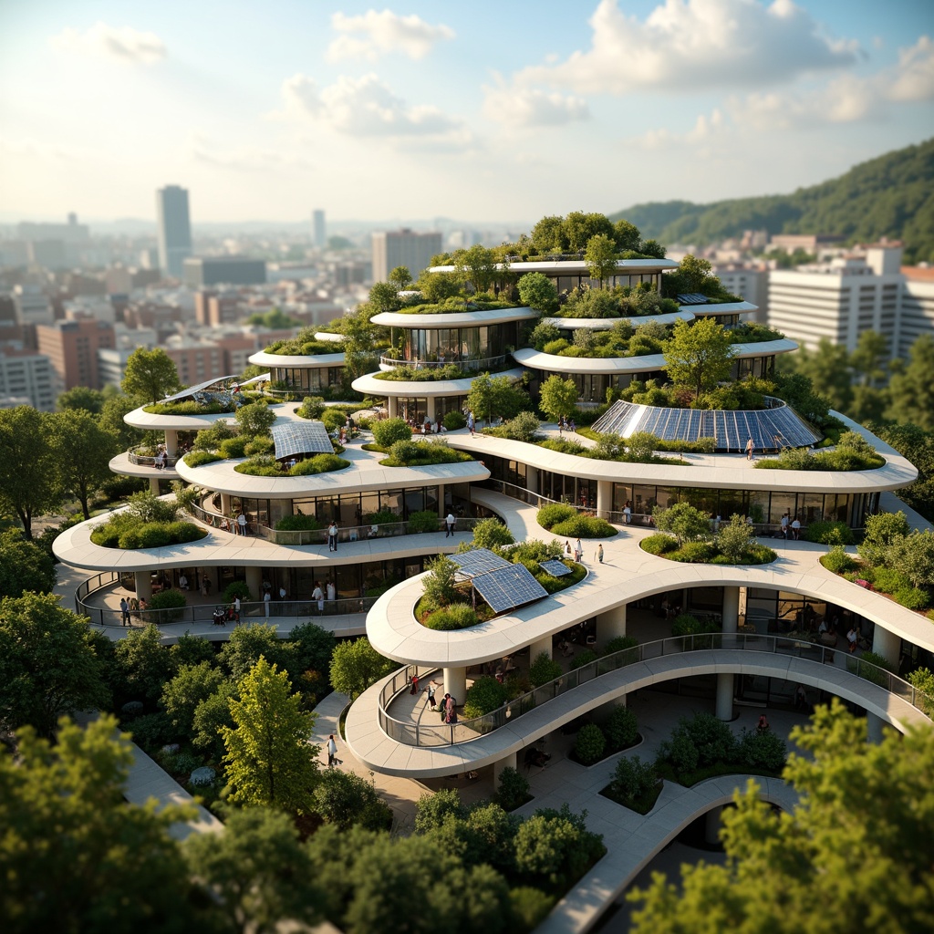 Prompt: Eco-friendly fusion architecture, futuristic curves, green roofs, solar panels, wind turbines, water conservation systems, recycled materials, minimalist design, natural ventilation, abundant daylight, living walls, urban agriculture, vibrant urban landscape, bustling city life, warm sunny day, soft diffused lighting, shallow depth of field, 3/4 composition, panoramic view, realistic textures, ambient occlusion.