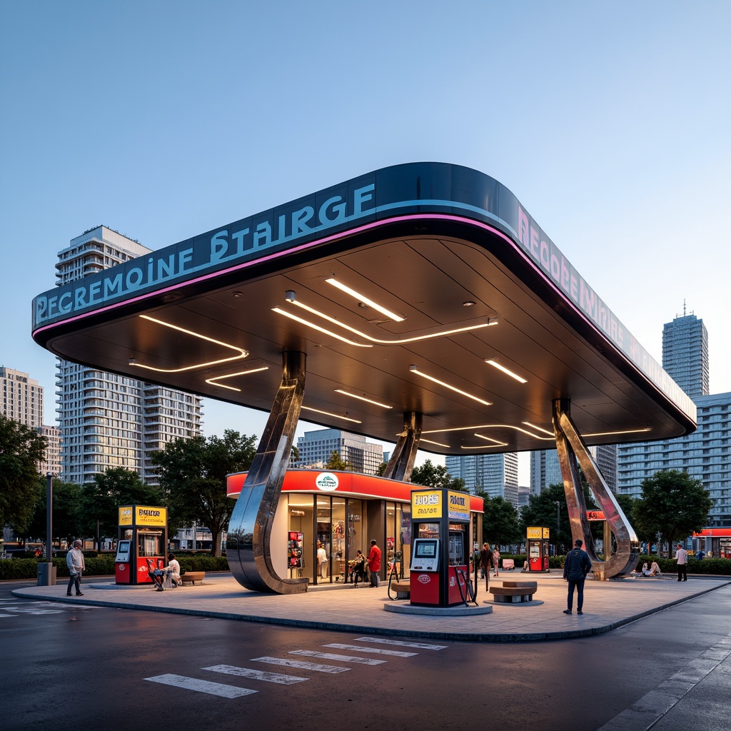 Prompt: Curved streamline gas station, modern minimalist architecture, neon signage, sleek metallic accents, bold typography, vibrant color schemes, retro-futuristic elements, rounded geometric shapes, glossy reflective surfaces, LED light strips, futuristic fuel pumps, cantilevered canopies, open-air waiting areas, comfortable seating, urban cityscape backdrop, warm sunny day, shallow depth of field, 1/2 composition, realistic textures, ambient occlusion.