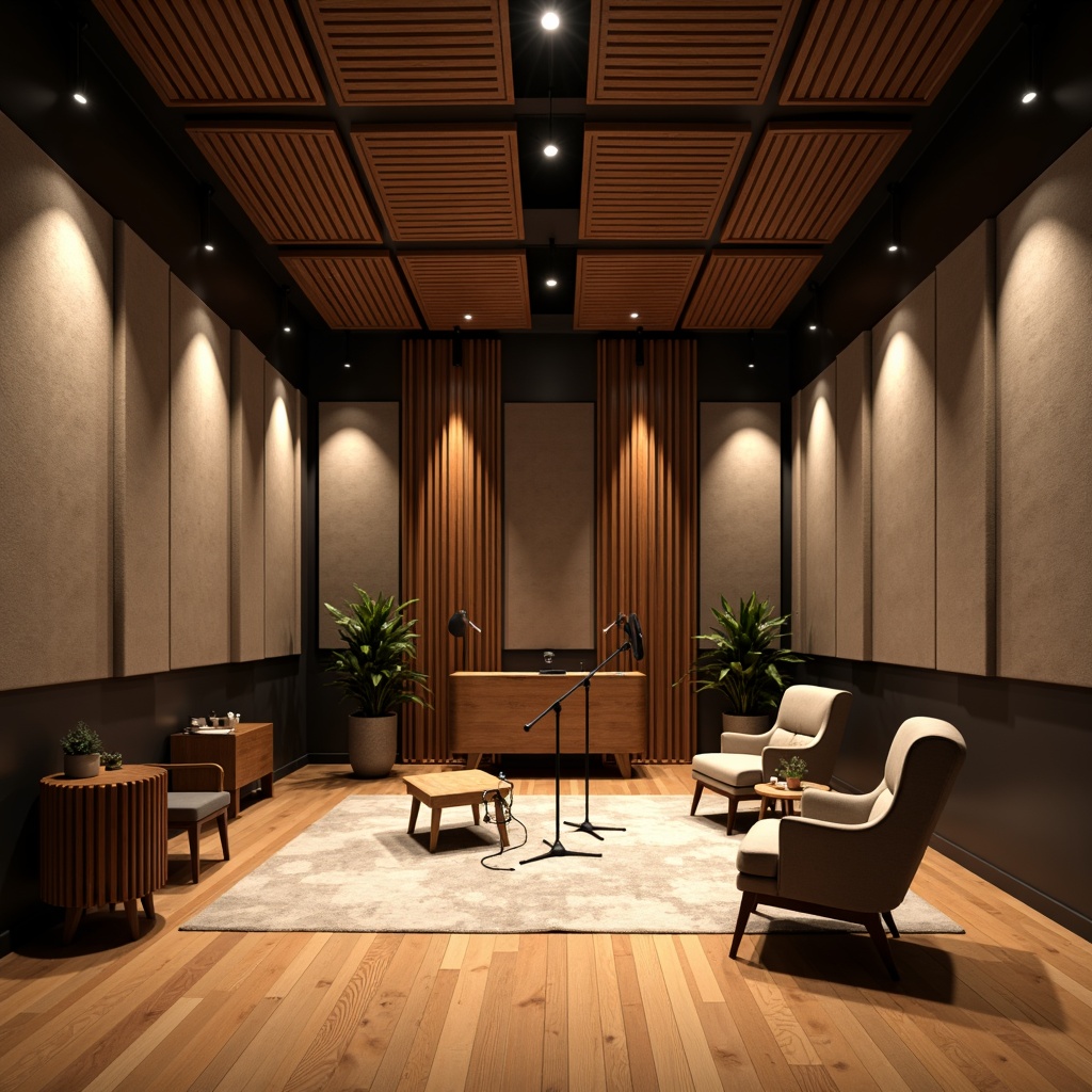 Prompt: Soundproof recording studio, acoustic panels, sound-absorbing materials, professional audio equipment, microphone stands, vocal booths, isolation chambers, wooden flooring, minimalist decor, warm ambient lighting, soft furnishings, 3/4 composition, shallow depth of field, realistic textures, ambient occlusion.