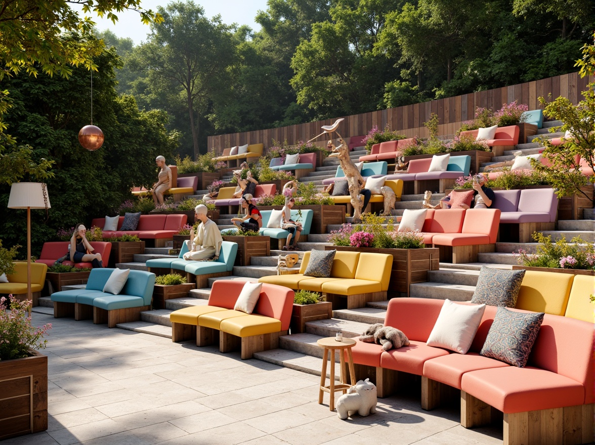 Prompt: Vibrant amphitheater, eclectic seating arrangement, colorful mismatched chairs, curved rows, asymmetrical layout, wooden benches, plush cushions, abstract sculptures, whimsical lighting fixtures, natural stone flooring, lush greenery, blooming flowers, sunny day, warm atmospheric lighting, shallow depth of field, 3/4 composition, panoramic view, realistic textures, ambient occlusion.