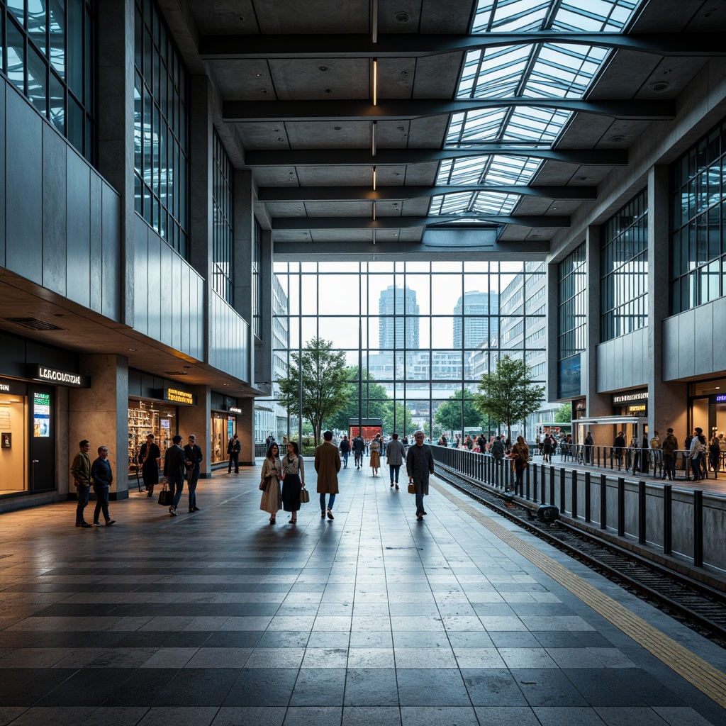 Prompt: Modern train station, sleek glass fa\u00e7ade, cantilevered rooflines, minimalist architecture, functional design, exposed steel beams, concrete columns, industrial chic ambiance, high ceilings, open floor plans, natural light pouring in, urban cityscape views, bustling atmosphere, busy commuters, electronic departure boards, sleek signage, stainless steel handrails, granite flooring, geometric patterned tiles, modern LED lighting, shallow depth of field, 1/1 composition, realistic textures, ambient occlusion.