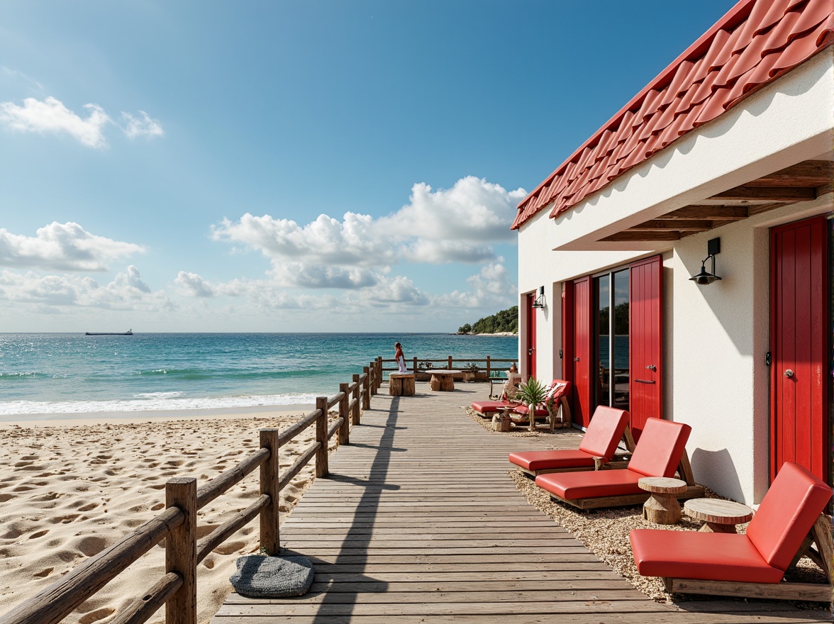 Prompt: Vibrant red accents, rustic wooden docks, sandy beach shores, clear blue ocean waters, warm sunny day, modern coastal architecture, bold red roof tiles, crisp white walls, nautical-themed decorations, driftwood furniture, sea salt-weathered wood textures, soft natural lighting, shallow depth of field, 3/4 composition, panoramic view, realistic ocean waves, ambient occlusion.