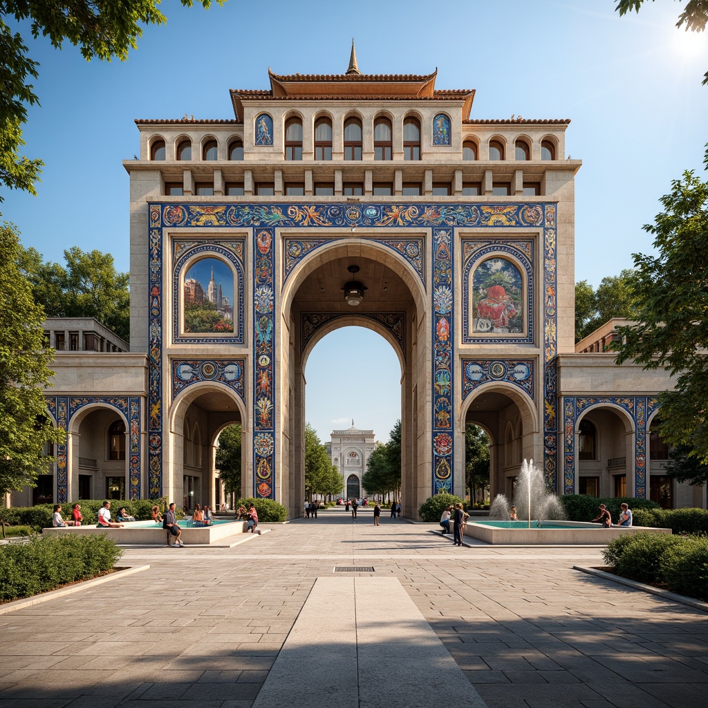 Prompt: Vibrant cultural fusion monument, blending traditional architecture, modern sleek lines, intricate symbolic carvings, ornate details, diverse material textures, colorful mosaic patterns, grandiose entrance archways, majestic pillars, imposing stone structures, ornamental fountains, lush greenery surroundings, warm sunny day, soft natural lighting, shallow depth of field, 3/4 composition, panoramic view, realistic atmospheric effects, ambient occlusion.