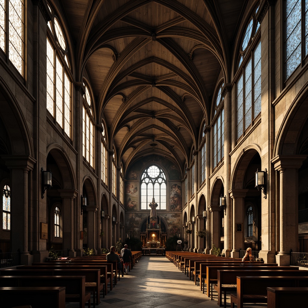 Prompt: Grand Gothic cathedral, vaulted ceilings, ribbed arches, stained glass windows, ornate stone carvings, intricate frescoes, majestic pillars, somber atmosphere, dim warm lighting, dramatic shadows, 1/1 composition, symmetrical view, high-angle shot, detailed textures, ambient occlusion.