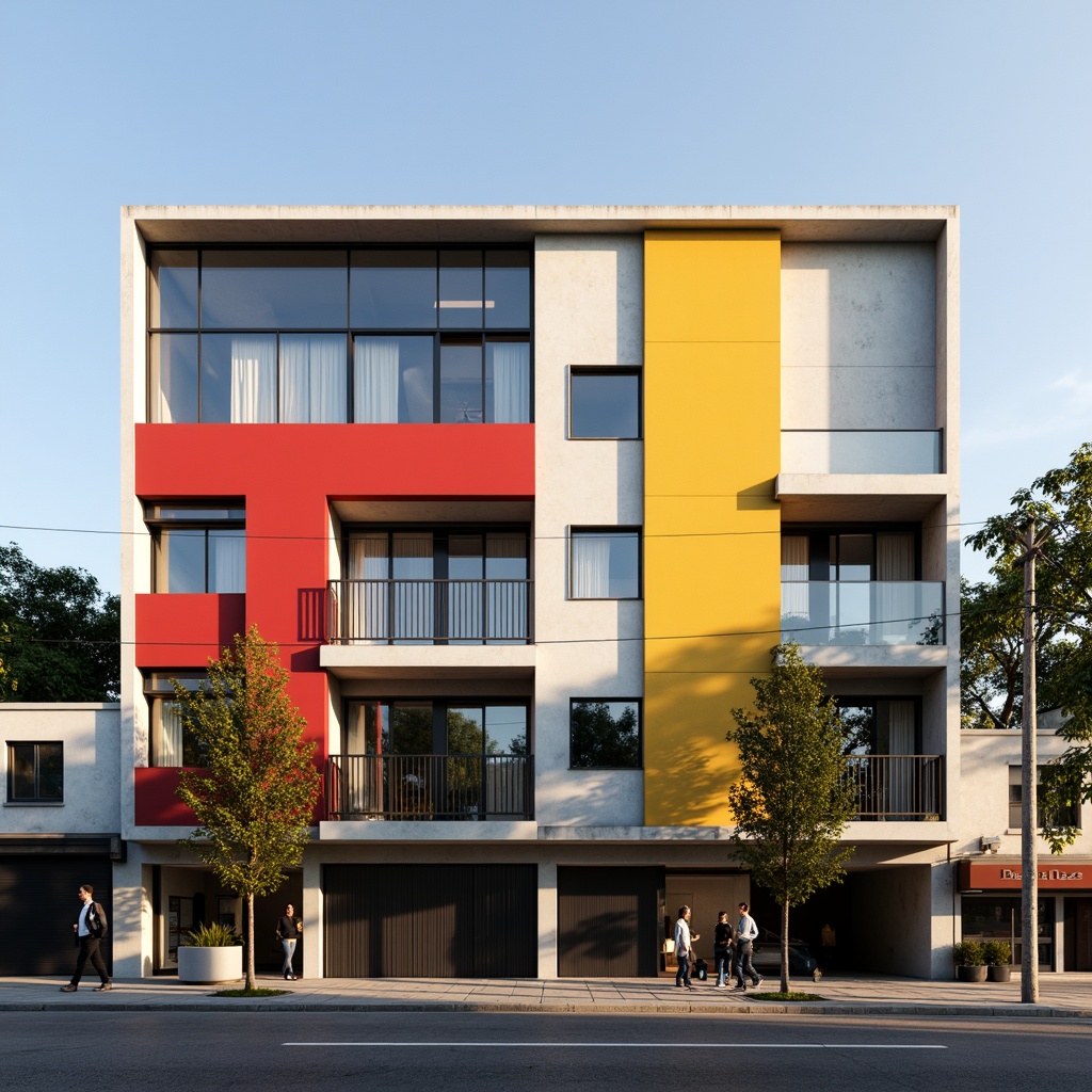 Prompt: Minimalist hostel facade, geometric shapes, bold color blocks, steel frame windows, functional simplicity, industrial materials, raw concrete walls, polished metal accents, rectangular forms, clean lines, asymmetrical composition, abstract patterns, urban cityscape, busy street life, warm afternoon light, high contrast shadows, 1/1 composition, dramatic highlights, realistic textures.