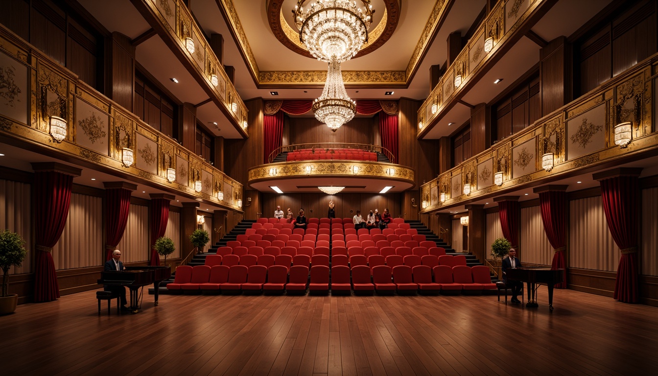 Prompt: Intimate theater setting, rich wood paneling, plush red velvet seats, ornate golden balconies, sweeping staircases, crystal chandeliers, sound-absorbing curtains, acoustic panels, resonant wooden floors, grand pianos, spotlights, soft warm lighting, shallow depth of field, 1/2 composition, realistic textures, ambient occlusion.