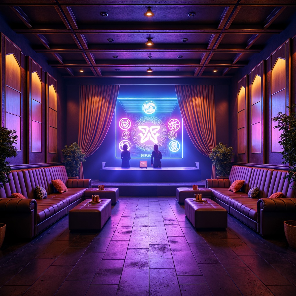 Prompt: Vibrant nightclub interior, dark-toned walls, neon-lit accents, metallic surfaces, pulsing LED lights, strobe lights, dance floor, DJ booth, velvet drapes, luxurious upholstery, deep blues, electric purples, hot pinks, acid greens, warm golden tones, dimmed ambient lighting, high-contrast color scheme, futuristic atmosphere, 3D visual effects, dynamic light installations, abstract geometric patterns, reflective floors, immersive experience.