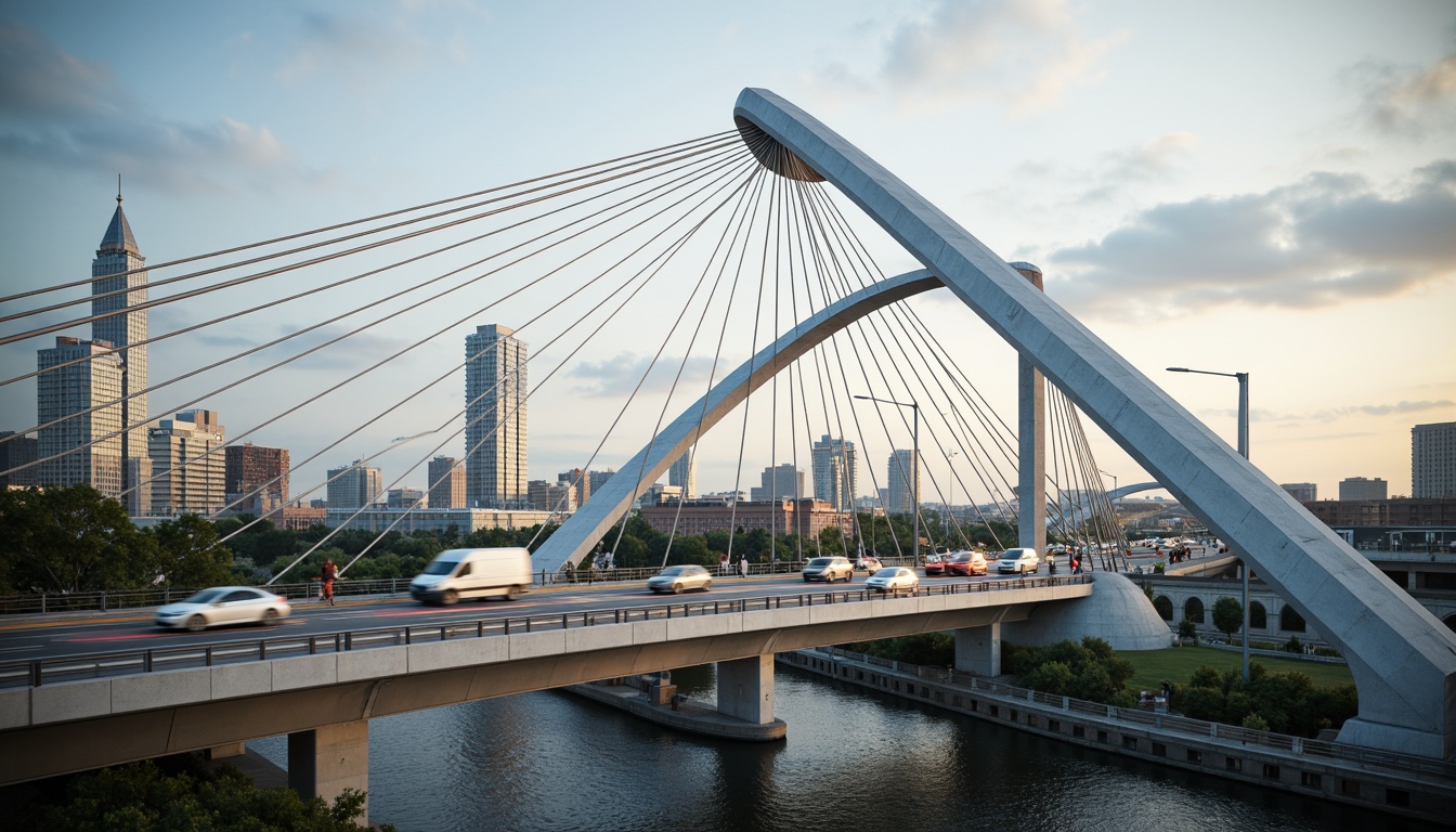 Prompt: Futuristic vehicular bridge, sleek metallic arches, suspension cables, urban cityscape, busy highway traffic, modern structural innovation, cantilevered sections, aerodynamic design, LED lighting systems, dynamic motion blur, shallow depth of field, 1/2 composition, dramatic low-angle shot, realistic reflections, ambient occlusion, steel beams, reinforced concrete piers, hybrid materials, kinetic energy harvesting, wind-resistant design, safety barriers, pedestrian walkways, urban skyline, cloudy sky, soft warm lighting.