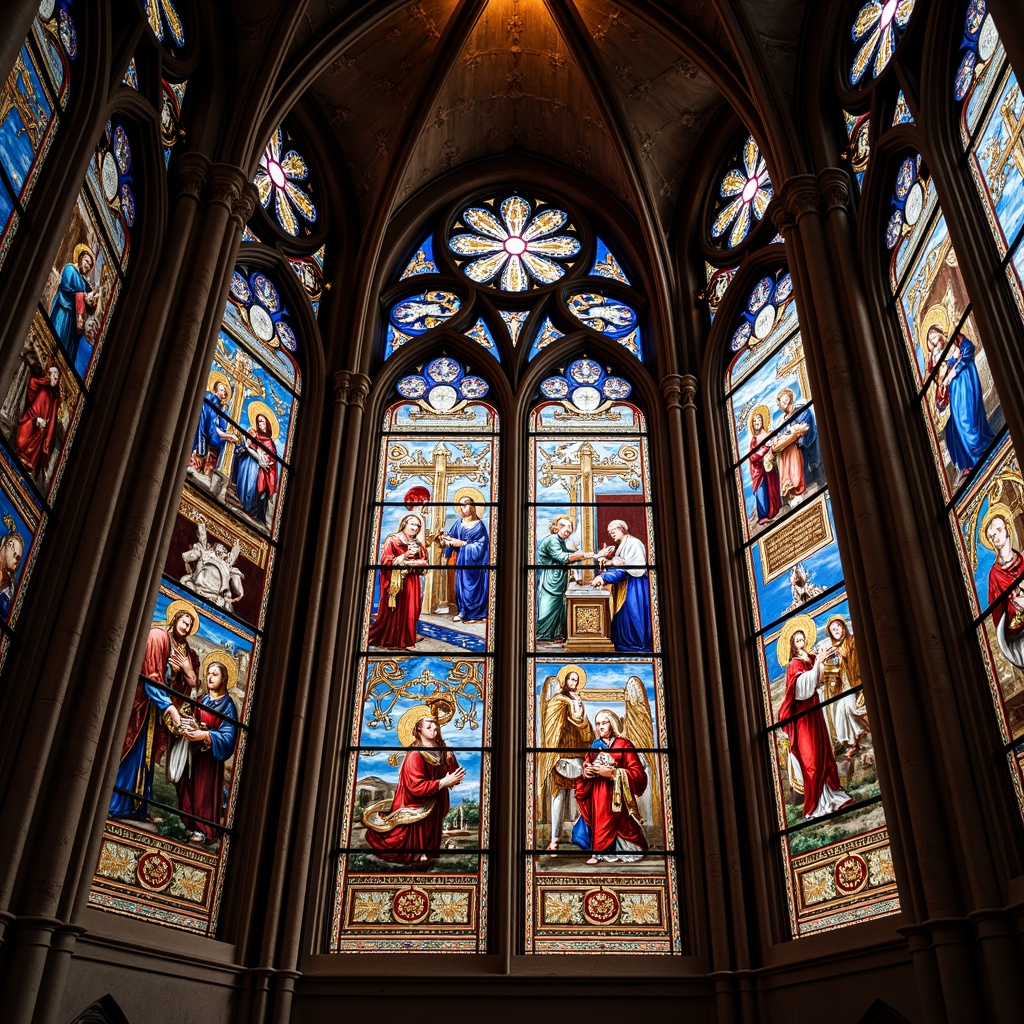 Prompt: Intricate stained glass windows, kaleidoscope colors, ornate stone cathedrals, grandiose vaulted ceilings, majestic flying buttresses, mystical Christian symbols, radiant light filtering, vibrant reds and blues, golden halos, delicate fleur-de-lis patterns, latticework metal frames, ancient biblical narratives, dramatic contrasts of light and shadow, atmospheric perspective views, high-angle shots, soft warm illumination, 1/2 composition, realistic reflections.