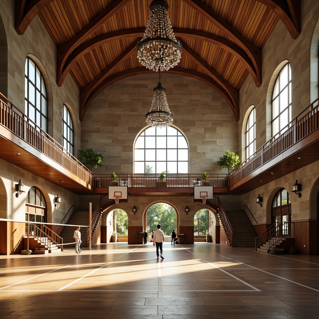 Prompt: Grand Renaissance gymnasium, high ceilings, ornate chandeliers, large arched windows, natural stone walls, wooden floors, athletic equipment, basketball hoops, volleyball nets, climbing ropes, grand staircases, spacious corridors, ornate balconies, decorative railings, abundant natural light, warm sunny days, soft diffused lighting, 1/1 composition, symmetrical architecture, realistic textures, subtle ambient occlusion.