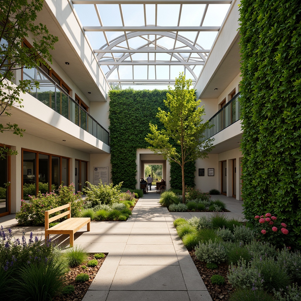 Prompt: Serene academic courtyard, lush green walls, vibrant flowering plants, natural stone pathways, wooden benches, educational plaques, glass-roofed greenhouse, modern minimalist architecture, large skylights, automatic irrigation systems, misting systems, warm soft lighting, shallow depth of field, 1/1 composition, realistic textures, ambient occlusion.