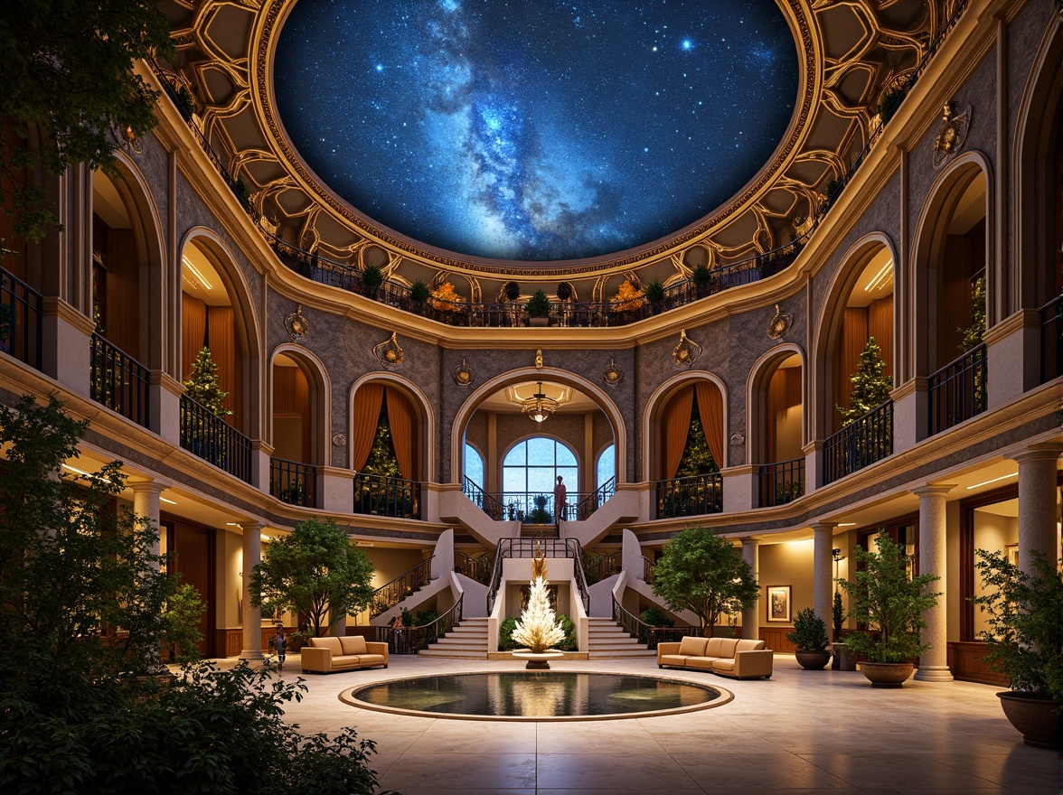 Prompt: Celestial planetarium dome, intricate baroque architecture, ornate golden details, starry night sky, nebulae projections, 3D astronomy displays, curved glass walls, marble floors, velvet drapes, grand staircases, lavish furnishings, ornamental fountains, lush greenery, exotic plants, soft warm lighting, shallow depth of field, 1/1 composition, realistic textures, ambient occlusion.