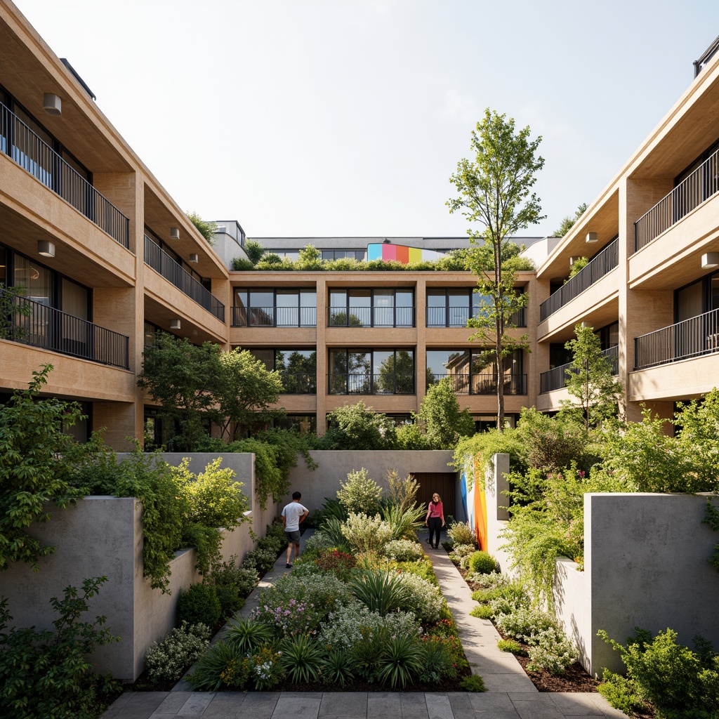 Prompt: Eco-friendly social housing complex, green roofs, solar panels, wind turbines, rainwater harvesting systems, recycled plastic building materials, low-carbon concrete, FSC-certified wood, energy-efficient appliances, double-glazed windows, natural ventilation systems, community gardens, vertical green walls, native plant species, vibrant colorful murals, inclusive public spaces, accessible walkways, modern minimalist architecture, warm earthy tones, soft natural lighting, shallow depth of field, 3/4 composition, realistic textures, ambient occlusion.