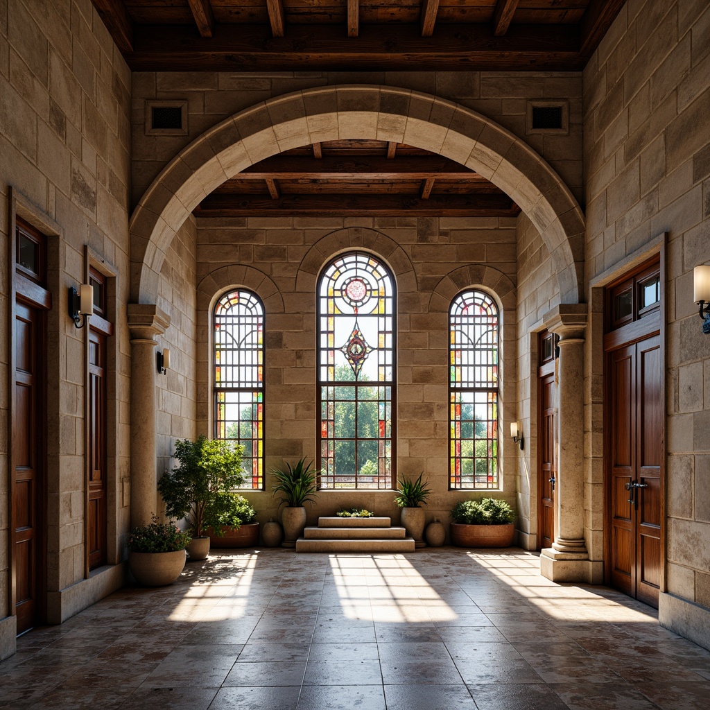 Prompt: Weathered stone fa\u00e7ades, rustic brick textures, earthy tones, natural materials, grand archways, ornate carvings, classical columns, intricate moldings, stained glass windows, heavy wooden doors, ornamental ironwork, vibrant mosaics, polished marble floors, warm ambient lighting, shallow depth of field, 1/1 composition, symmetrical framing, realistic renderings, subtle atmospheric effects.