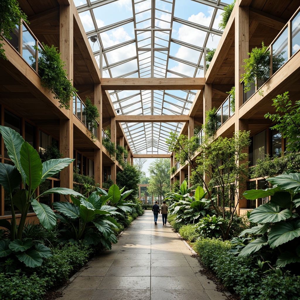 Prompt: Elegant greenhouse, lush tropical plants, natural ventilation, abundant daylight, solar panels, green roofs, rainwater harvesting systems, reclaimed wood accents, living walls, organic forms, earthy tones, soft diffused lighting, shallow depth of field, 1/2 composition, warm atmospheric mood, realistic foliage textures, subtle ambient occlusion.