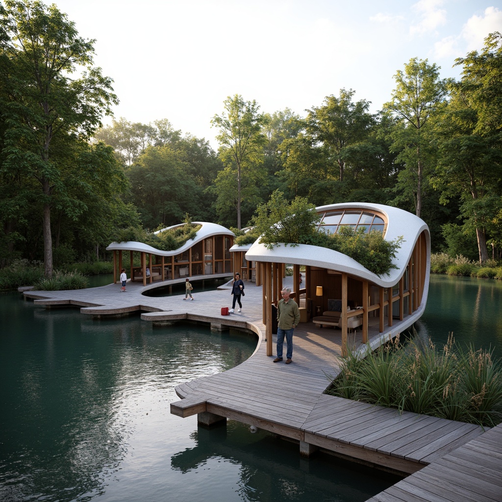 Prompt: Curved boathouse, irregular shapes, natural materials, wooden accents, earthy tones, moss-covered roofs, water-inspired fa\u00e7ades, undulating lines, organic forms, futuristic blobitecture, translucent canopies, soft diffused lighting, serene lake views, surrounding foliage, rustic docking systems, weathered wood textures, ambient water sounds, shallow depth of field, 1/2 composition, realistic reflections, detailed normal maps.