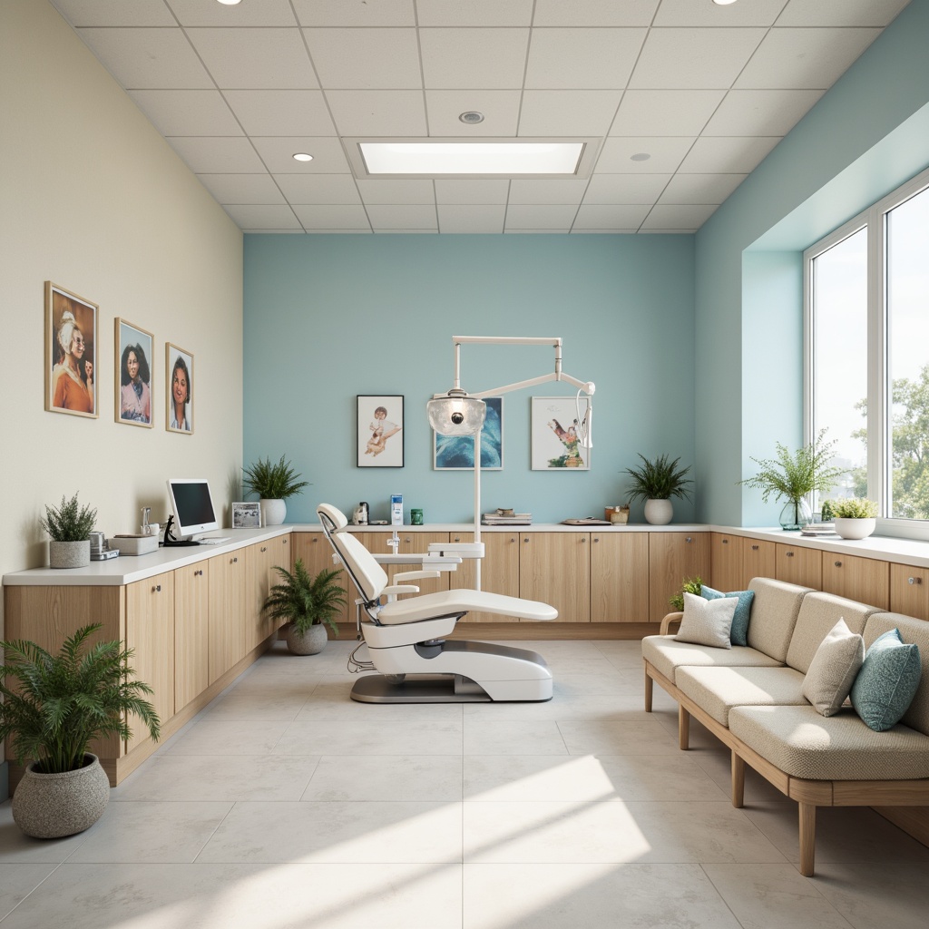 Prompt: Calming dental clinic, soft pastel colors, gentle blue tones, creamy whites, warm beige accents, natural wood textures, subtle patterns, minimalist design, sterile metal equipment, comfortable patient chairs, soothing ambient lighting, shallow depth of field, 1/1 composition, realistic renderings, ambient occlusion.