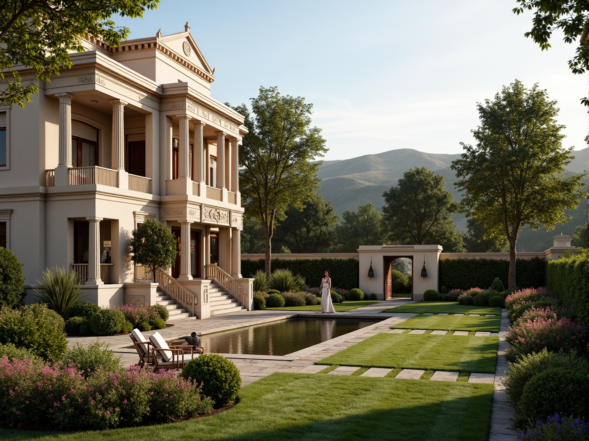 Prompt: Elegant neoclassical villa, symmetrical facade, ornate columns, carved stone details, grand entrance, sweeping staircases, lush greenery, manicured lawns, vibrant flower beds, serene water features, rustic stone pathways, picturesque gardens, rolling hills, sunny afternoon, soft warm lighting, atmospheric perspective, 1/2 composition, cinematic view, realistic textures, ambient occlusion.