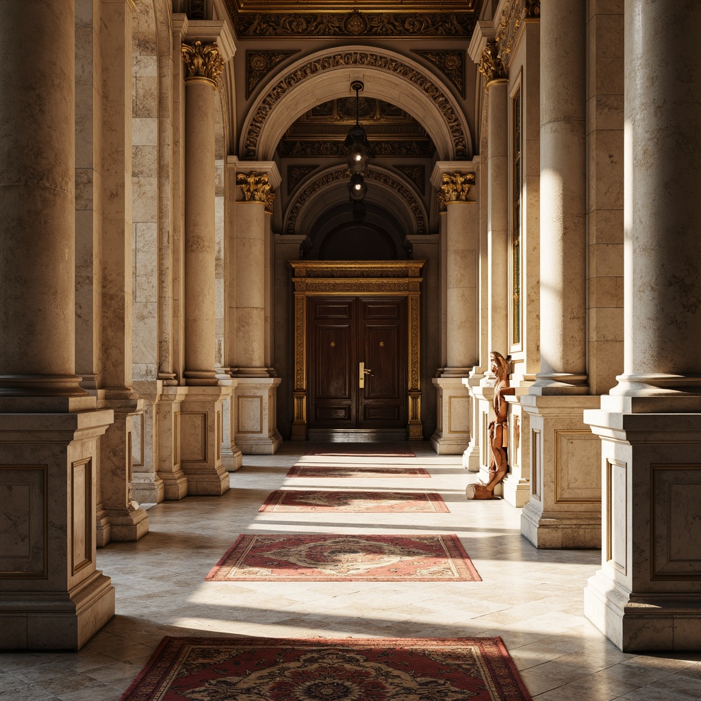 Prompt: Grandiose columned facade, ornate carvings, smooth marble surfaces, intricate moldings, polished stone floors, richly patterned rugs, ornamental metalwork, gilded details, symmetrical compositions, harmonious proportions, soft warm lighting, shallow depth of field, 1/1 composition, realistic textures, ambient occlusion.