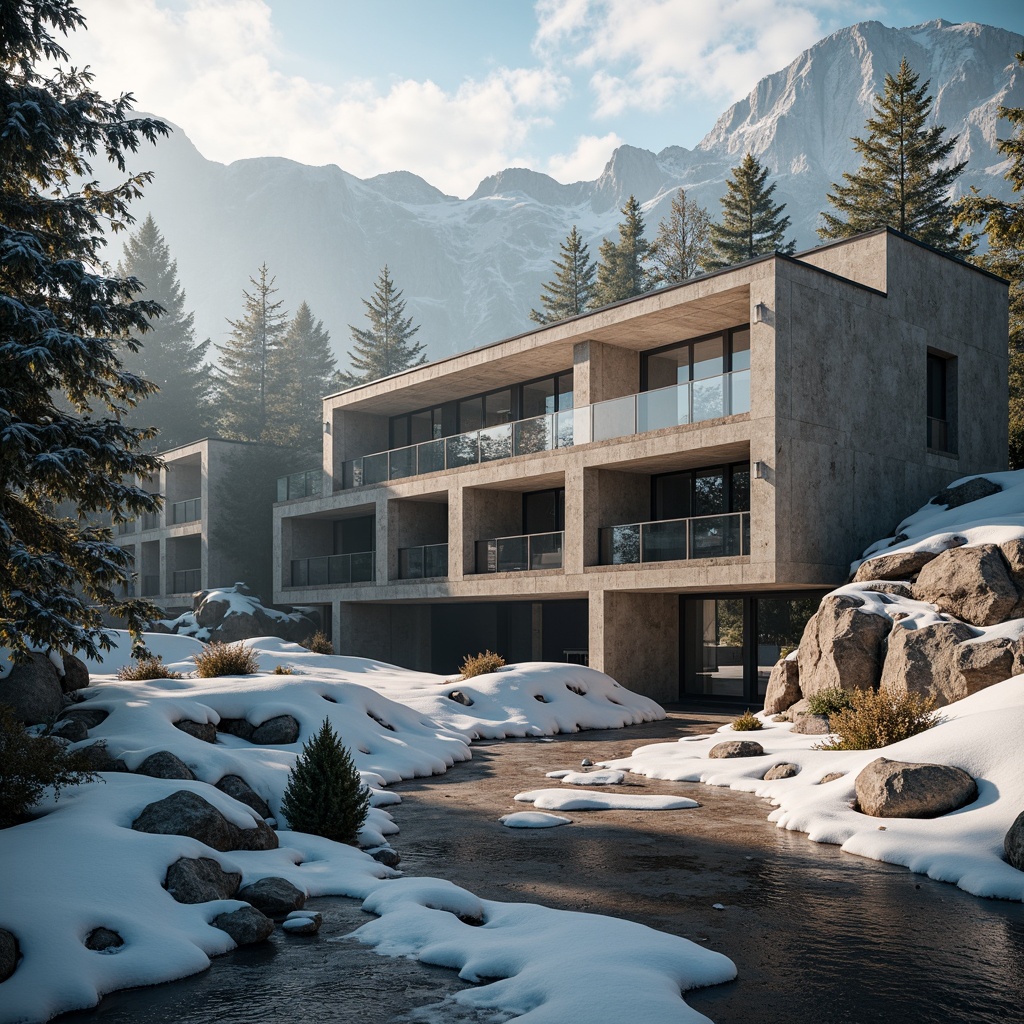 Prompt: Rugged ski center, brutalist architecture, raw concrete walls, exposed ductwork, industrial metal beams, angular lines, fortress-like structure, snow-capped mountains, pine tree forests, frozen lakes, misty morning, warm golden lighting, shallow depth of field, 2/3 composition, dramatic shadows, realistic textures, ambient occlusion.