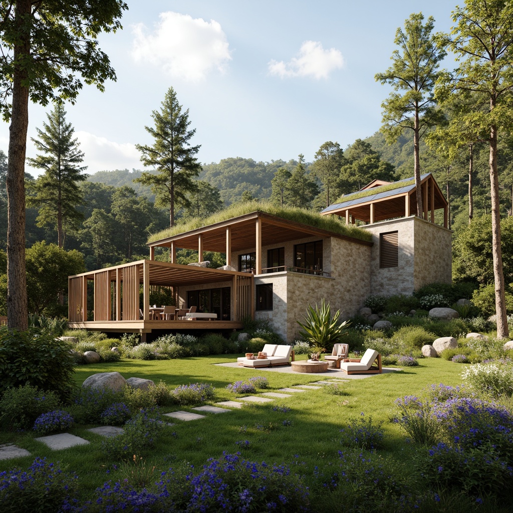 Prompt: Eco-friendly villa, natural stone walls, reclaimed wood accents, lush green roofs, solar panels, rainwater harvesting systems, organic gardens, wildflower meadows, serene forest surroundings, warm sunlight, soft diffused lighting, 1/2 composition, intimate scale, earthy color palette, natural textiles, woven bamboo furniture, minimalist decor, ambient occlusion.