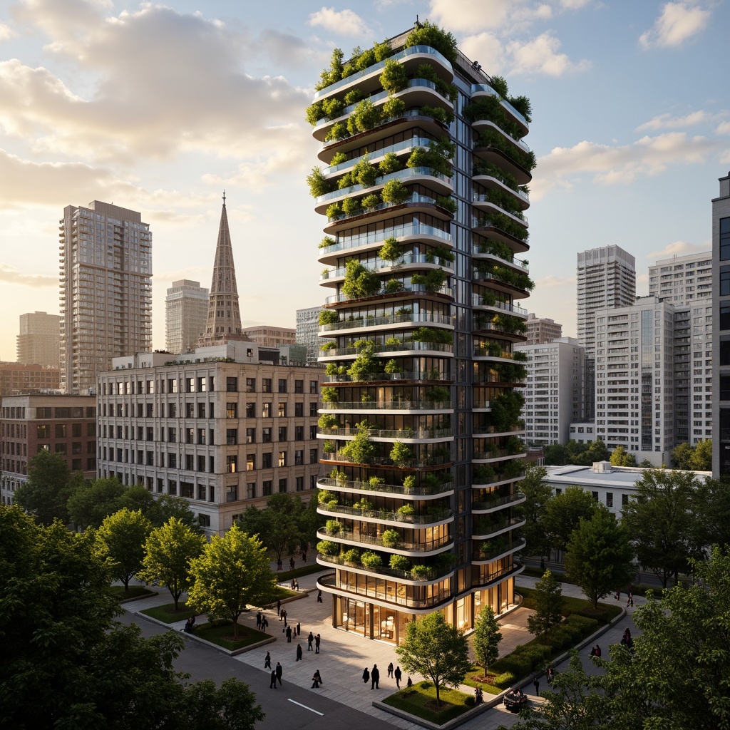 Prompt: Eco-friendly skyscraper, lush green roofs, solar panels, wind turbines, rainwater harvesting systems, recycled building materials, energy-efficient glass facades, vertical gardens, natural ventilation systems, minimized carbon footprint, futuristic urban landscape, vibrant city lights, busy streets, modern transportation hubs, pedestrian-friendly sidewalks, public art installations, urban agriculture, community engagement spaces, educational eco-centers, innovative waste management systems, circular economy principles, sustainable urban planning, green infrastructure, resilient city design, panoramic city views, dramatic cloudscape, warm golden lighting, 3/4 composition.