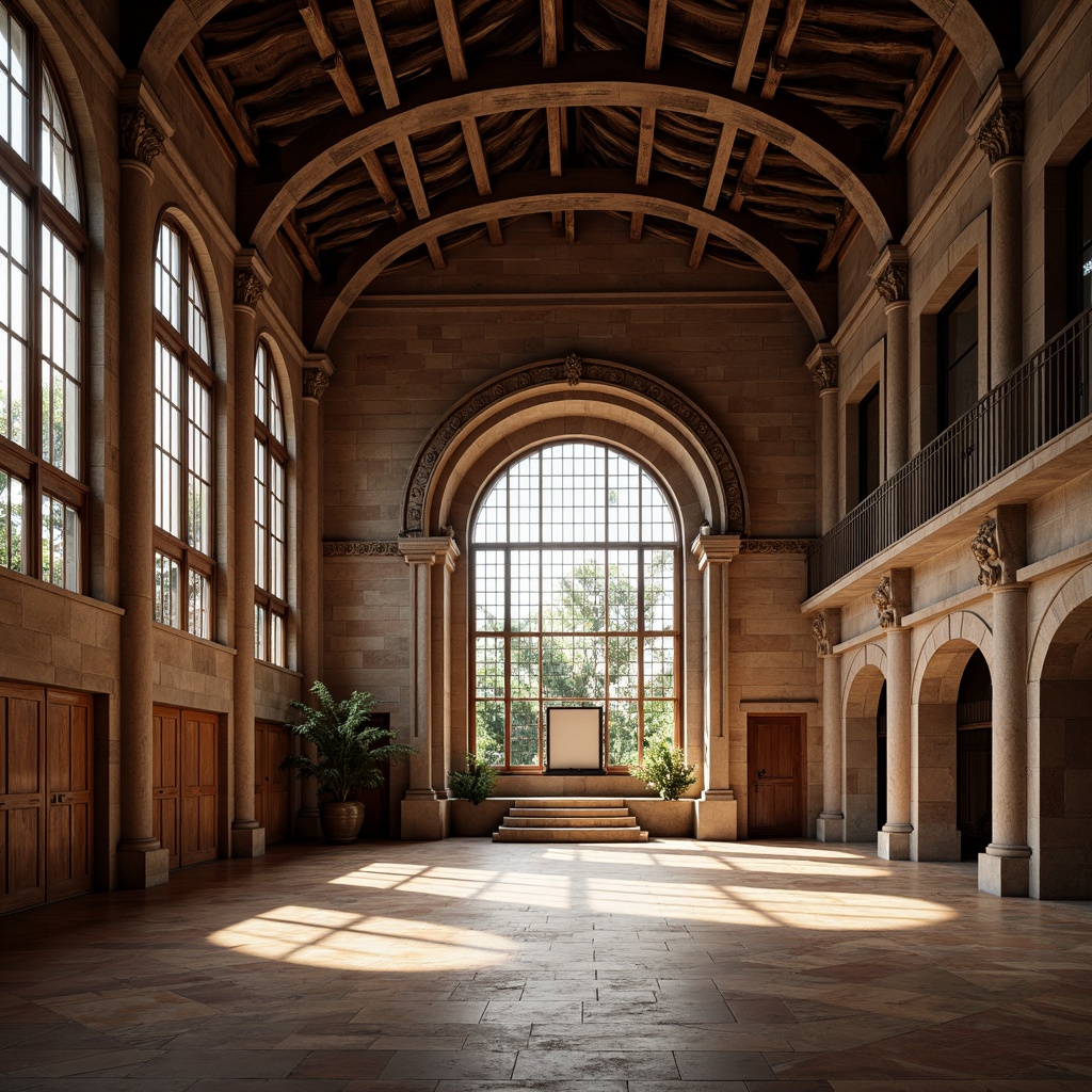 Prompt: Renaissance-style gymnasium, grand arched entrance, ornate stone carvings, sweeping vaulted ceilings, large windows with metal latticework, wooden flooring, rustic brick walls, classical columns, pilasters, carved wooden beams, warm natural lighting, soft shadows, 1/1 composition, atmospheric perspective, realistic textures, ambient occlusion.Let me know if this meets your requirements!