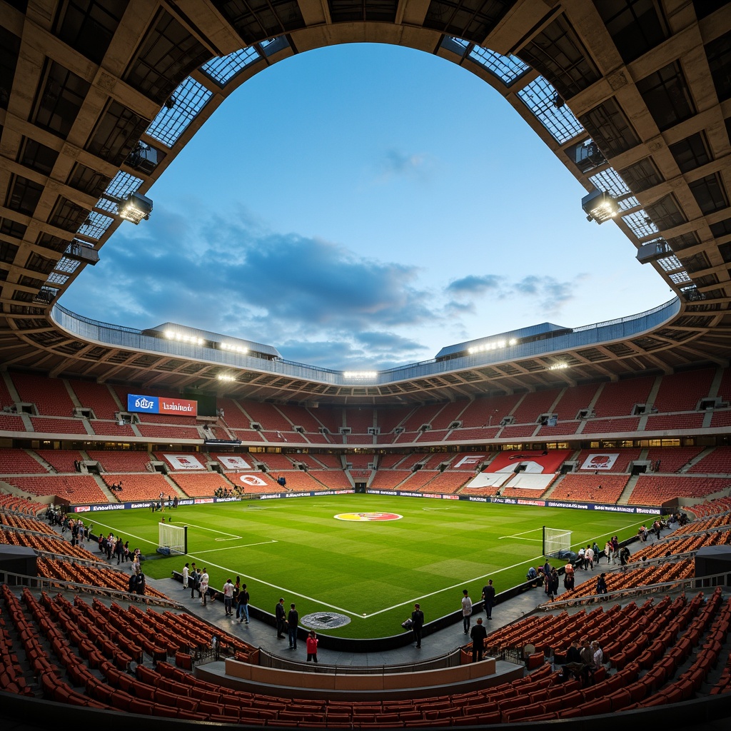 Prompt: Timeless soccer stadium, grandiose architecture, neoclassical columns, ornate details, earthy tone brick facades, creamy white marble accents, rich brown wooden seats, lush green grass fields, vibrant team color highlights, clear blue sky, dramatic floodlights, evening golden hour lighting, shallow depth of field, 2/3 composition, symmetrical framing, realistic textures, ambient occlusion.