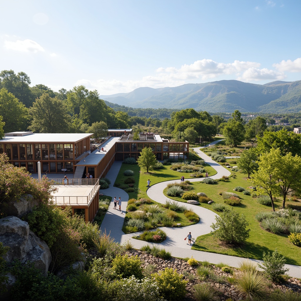 Prompt: Panoramic visitor center, rolling hills, lush greenery, winding pathways, scenic overlooks, interpretive signage, natural stone walls, wooden decking, modern architecture, large windows, glass roofs, cantilevered structures, vibrant floral arrangements, sunny day, soft warm lighting, shallow depth of field, 3/4 composition, realistic textures, ambient occlusion, educational exhibits, interactive displays, immersive experiences, accessible walkways, ample parking, convenient amenities, eco-friendly landscaping, sustainable design solutions.