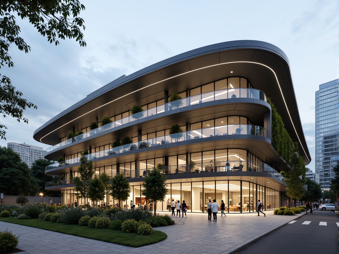 Prompt: Curved modern school building, sleek metallic fa\u00e7ade, horizontal lines, cantilevered roofs, large windows, glass railings, minimalist entrance, automated sliding doors, futuristic LED lighting, green walls, vertical gardens, urban cityscape, cloudy sky, soft natural light, shallow depth of field, 3/4 composition, realistic reflections, ambient occlusion.