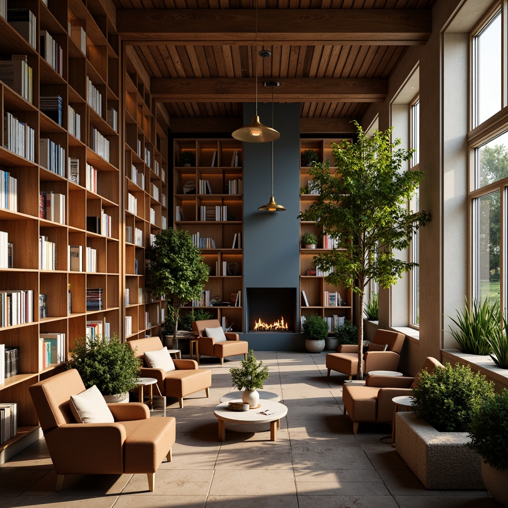 Prompt: Warm library atmosphere, rich wooden shelves, comfortable reading nooks, soft warm lighting, earthy tones, calming beige walls, deep blue accents, vibrant greenery, natural stone flooring, cozy fireplace, plush armchairs, modern minimalist tables, metallic lamp fixtures, subtle texture overlays, 1/1 composition, shallow depth of field, realistic renderings.