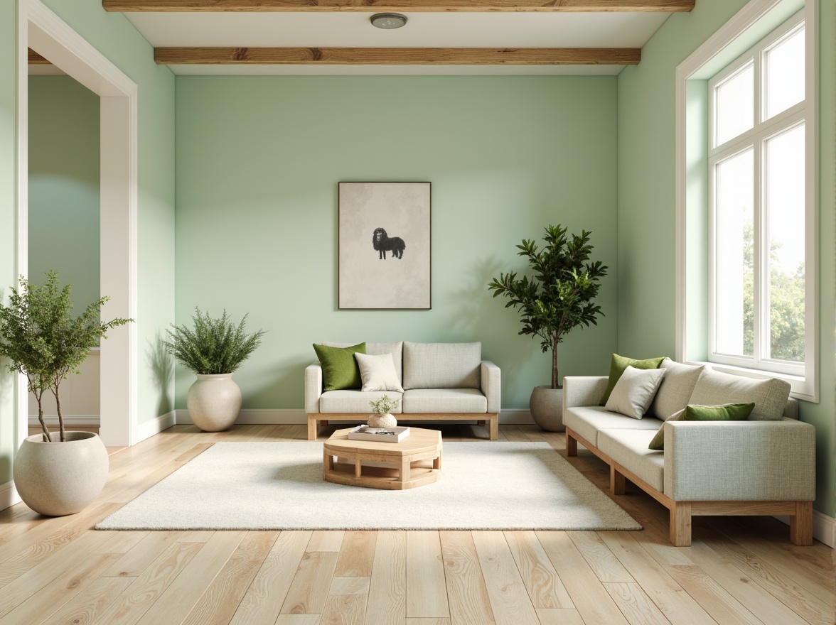 Prompt: Soft mint walls, creamy white trim, warm beige floors, pale green accents, natural wood furniture, minimalist decor, airy open spaces, large windows, soft diffused lighting, subtle shadows, 1/2 composition, realistic textures, ambient occlusion.