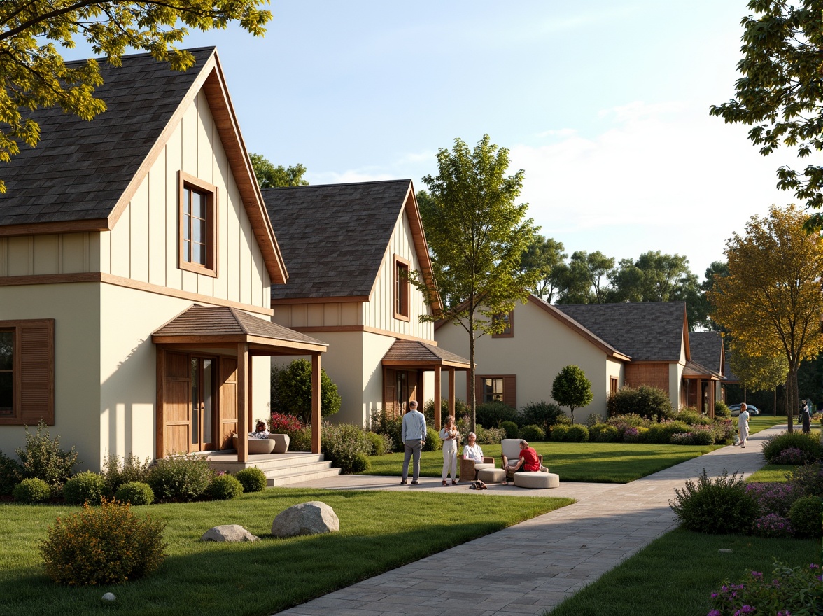 Prompt: Warm suburban neighborhood, cozy homes, earthy color palette, soft beige exteriors, creamy whites, weathered wood accents, lush green lawns, blooming flowerbeds, sunny afternoons, gentle warm lighting, shallow depth of field, 1/1 composition, realistic textures, ambient occlusion, natural stone walkways, brick driveways, modern farmhouse style, pitched roofs, dormer windows, shutters, outdoor furniture, vibrant outdoor decor.