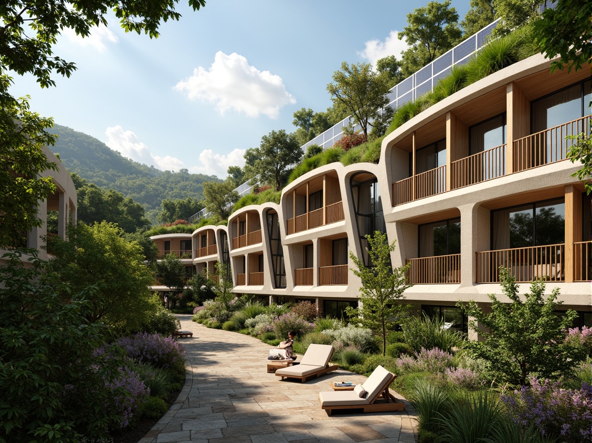 Prompt: Eco-friendly hotel, organic curves, natural stone walls, living green roofs, solar panels, wind turbines, rainwater harvesting systems, recycled materials, bamboo furniture, energy-efficient lighting, floor-to-ceiling windows, panoramic views, serene ambiance, peaceful atmosphere, lush vegetation, tropical plants, warm sunny day, soft natural light, shallow depth of field, 1/1 composition, realistic textures, ambient occlusion.