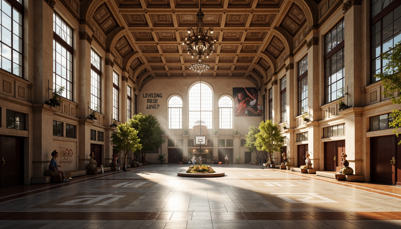 Prompt: Grandiose gymnasium, ornate columns, renaissance-inspired arches, intricate stone carvings, polished marble floors, luxurious wooden accents, elegant chandeliers, high ceilings, expansive windows, natural light pouring in, soft warm glow, dramatic shadows, symmetrical composition, classical proportions, imposing grandeur, athletic equipment, basketball hoops, tennis courts, running tracks, motivational quotes, Olympic-inspired color scheme, bold typography, heroic statues, ornamental frescoes, lavish drapery, regal atmosphere, 1/2 composition, shallow depth of field, realistic textures.