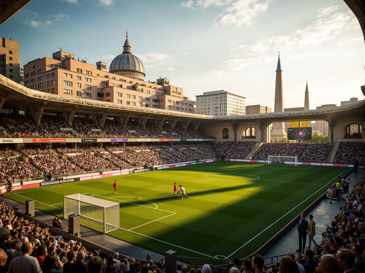 Prompt: Historic cityscape, grand Baroque Revival stadium, ornate stone carvings, sweeping arches, dramatic columns, vibrant urban atmosphere, bustling streets, modern soccer fields, lush green grass, dynamic player movements, afternoon sunlight, warm golden lighting, shallow depth of field, 3/4 composition, panoramic view, realistic textures, ambient occlusion.