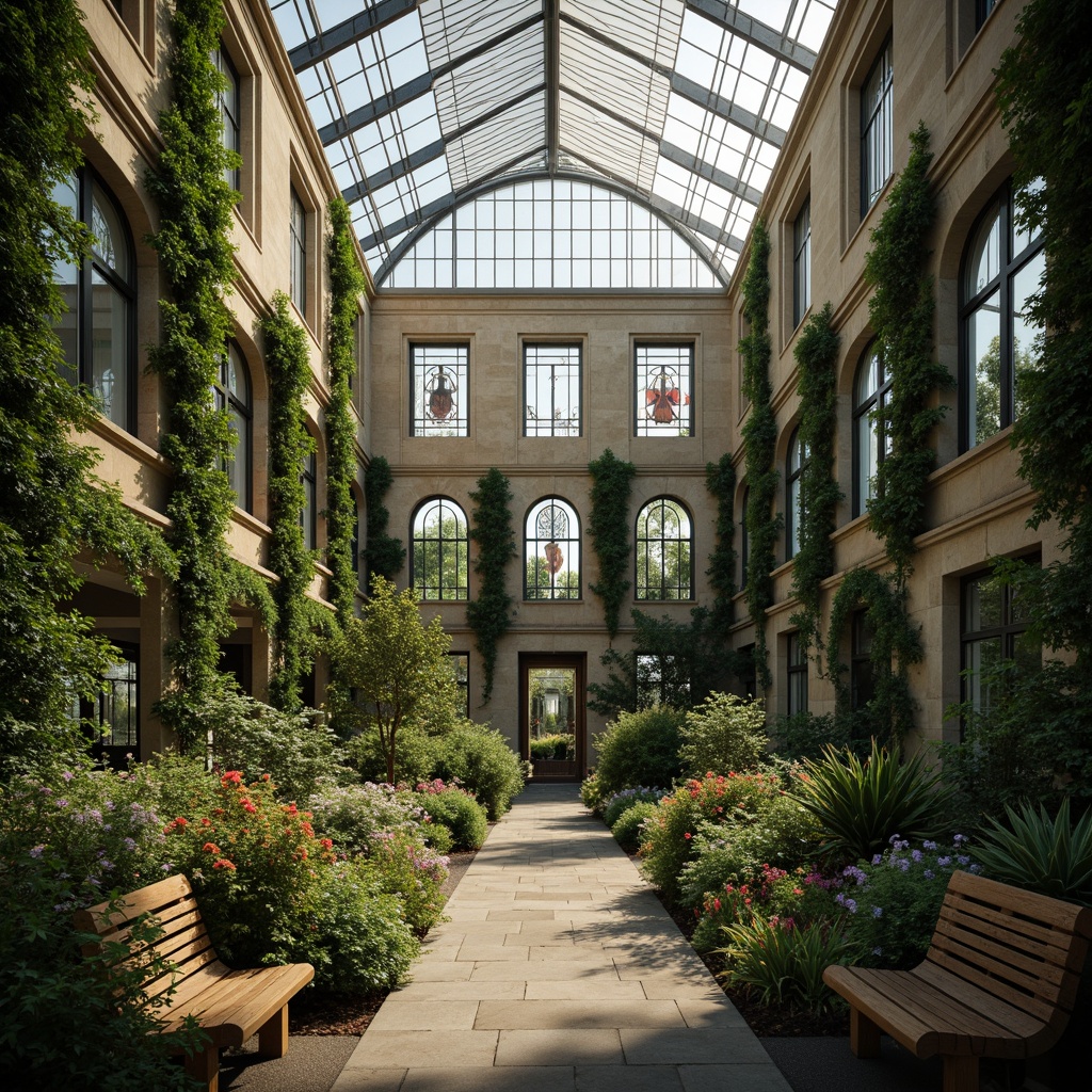 Prompt: Lush botanical garden, elegant greenhouse, classical academic architecture, ornate stone facades, stained glass windows, ivy-covered walls, natural wood benches, meandering paths, vibrant flowerbeds, exotic plant species, soft misting system, warm ambient lighting, shallow depth of field, 3/4 composition, symmetrical framing, realistic textures, subtle color grading.