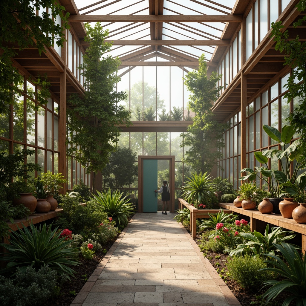 Prompt: Vibrant botanical greenhouse, lush tropical plants, warm natural lighting, earthy terracotta pots, wooden trellises, misting systems, foggy atmosphere, soft diffused light, 1/1 composition, shallow depth of field, realistic textures, ambient occlusion, calming color palette, soothing green hues, muted wood tones, earthy brown accents, pop of vibrant coral, subtle turquoise undertones, natural stone flooring, reclaimed wood walls, modern minimalist furniture, educational botanical signs, interactive learning displays.