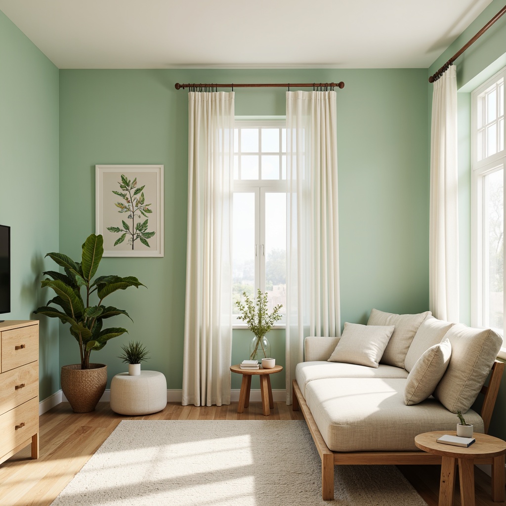 Prompt: Soft pale green walls, creamy white accents, warm beige furniture, natural wood textures, gentle linen fabrics, subtle mint undertones, earthy terracotta pots, delicate botanical illustrations, morning sunlight filtering through sheer curtains, airy open spaces, 1/1 composition, softbox lighting, realistic material reflections, ambient occlusion.