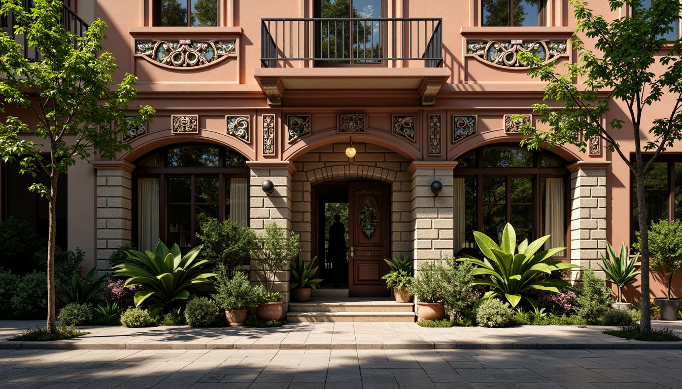 Prompt: Eclectic building facade, ornate decorations, grand entrance, asymmetrical composition, vibrant color scheme, mixed materials, brick and stone textures, intricate wood carvings, stained glass windows, ornamental ironwork, lush greenery, tropical plants, natural light pouring in, warm atmosphere, shallow depth of field, 1/2 composition, realistic rendering, ambient occlusion.