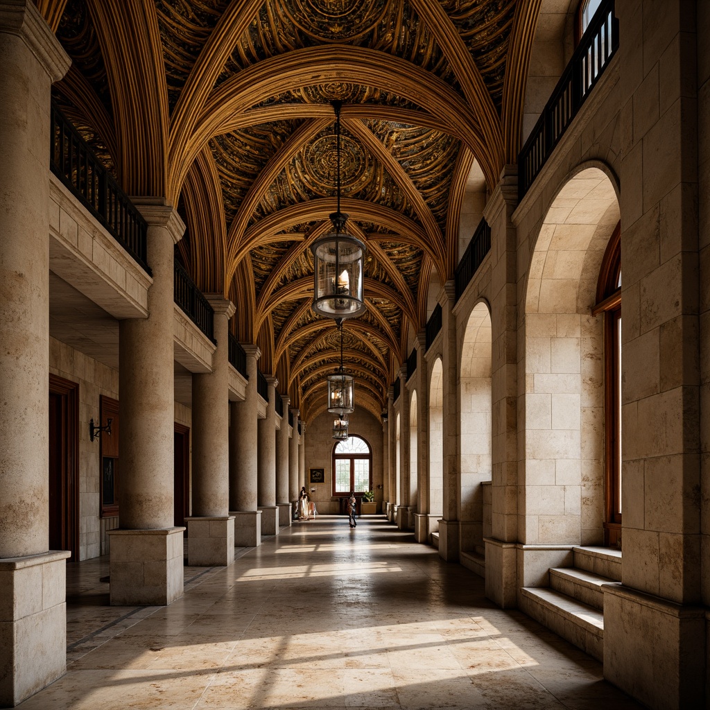 Prompt: Intricate monastery architecture, Byzantine style, arches supporting vaulted ceilings, ornate stone carvings, golden mosaics, grand entranceways, marble floors, mystical ambiance, soft warm lighting, shallow depth of field, 3/4 composition, realistic textures, ambient occlusion.