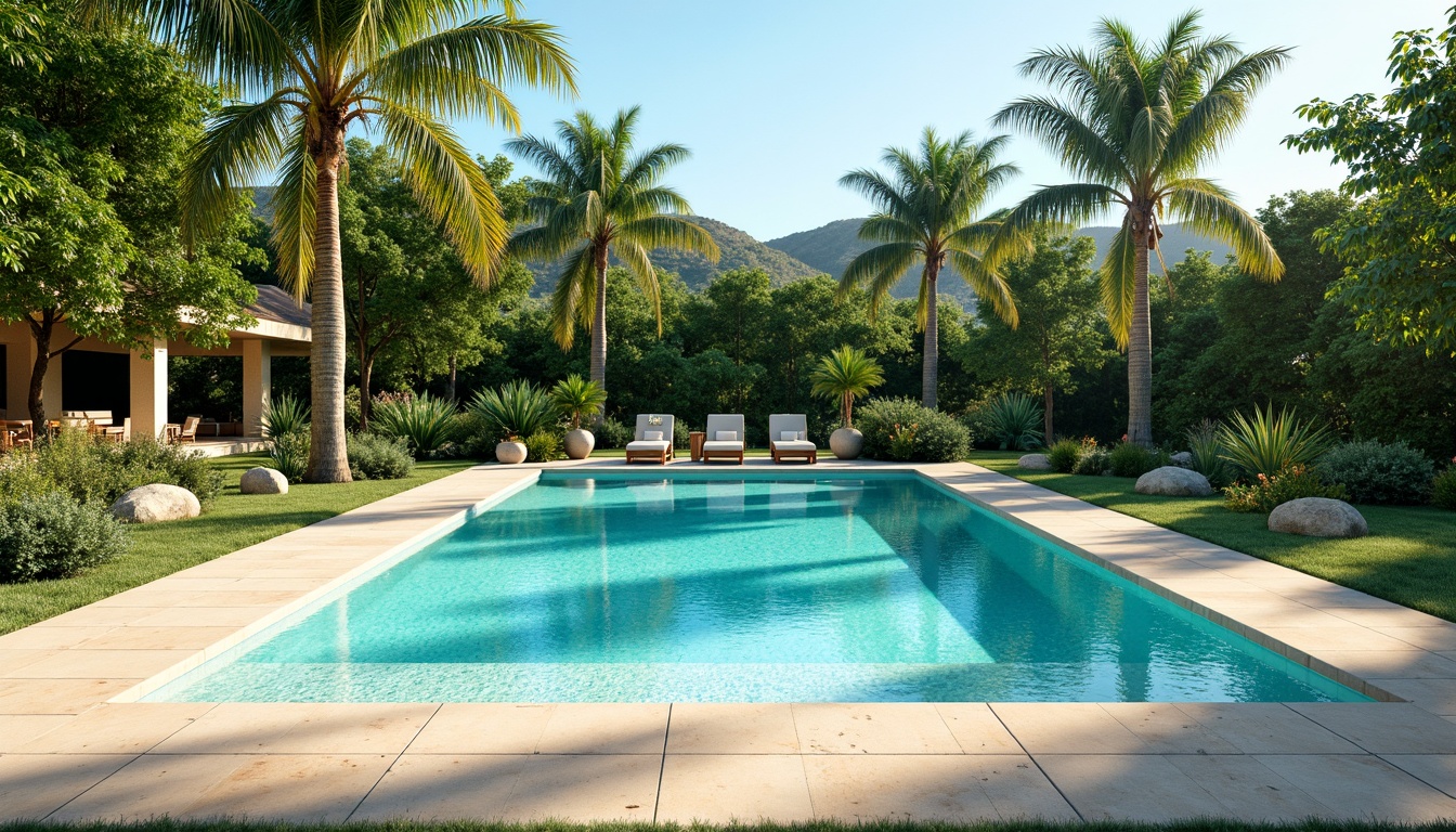 Prompt: Vibrant turquoise water, sleek modern pool deck, warm beige coping stones, lush green surrounding landscape, tropical palm trees, sunny day, soft natural lighting, 1/1 composition, realistic water reflections, ambient occlusion, calm atmosphere, serene ambiance, refreshing outdoor space.