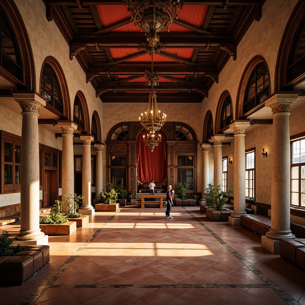 Prompt: Renaissance gymnasium interior, rich wood tones, warm golden lighting, ornate stone columns, vintage athletic equipment, distressed leather accents, earthy terracotta flooring, grand chandeliers, lavish drapery, opulent velvet textures, majestic wooden beams, classical architecture, soft natural light, 1/2 composition, dramatic shadows, realistic reflections, ambient occlusion.