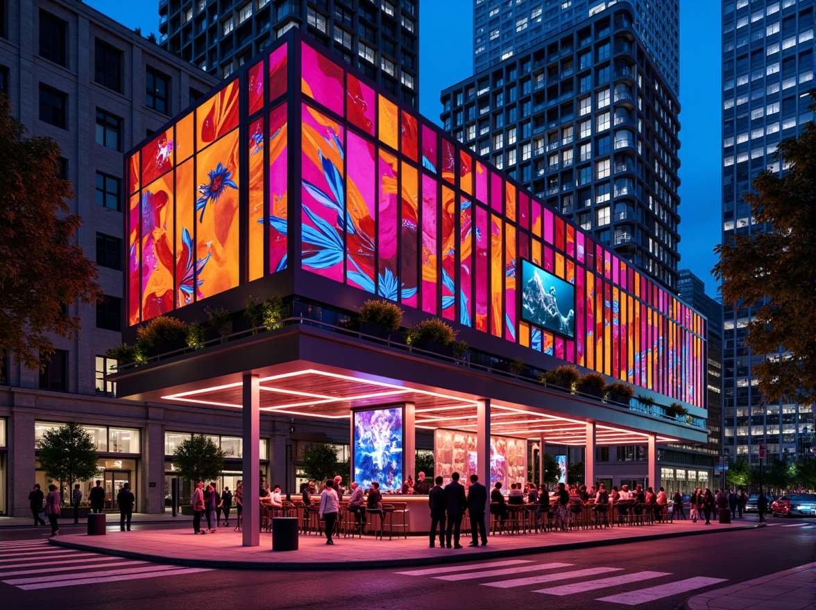 Prompt: Vibrant bar facade, fusion architecture, neon lights, metallic surfaces, abstract patterns, LED displays, futuristic details, sleek lines, modern materials, urban cityscape, bustling streets, night atmosphere, dramatic lighting, shallow depth of field, 1/2 composition, wide-angle lens, realistic textures, ambient occlusion.