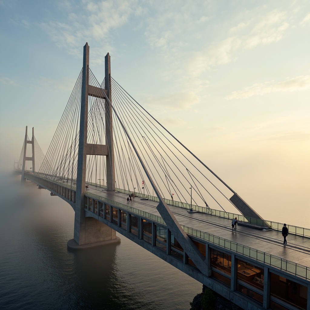 Prompt: Sleek bridge design, modern suspension cables, futuristic arches, durable steel beams, high-strength concrete piers, advanced carbon fiber materials, lightweight composite decks, translucent glass railings, iridescent LED lighting, misty morning atmosphere, soft golden illumination, shallow depth of field, 1/2 composition, dynamic motion blur, realistic reflective surfaces.