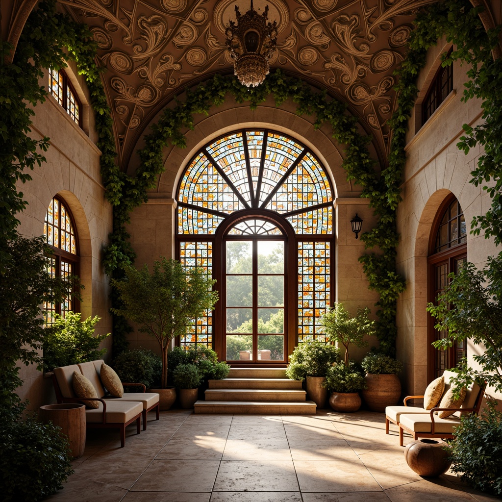 Prompt: Intricate floral patterns, swirling vines, organic shapes, grand ornate entrances, curved lines, sinuous ornamentation, flowing tendrils, stained glass windows, colorful mosaic tiles, textured stone walls, delicate ironwork, ornate balconies, majestic staircases, lavish furnishings, warm golden lighting, soft focus, shallow depth of field, 2/3 composition, symmetrical framing, high-contrast rendering.