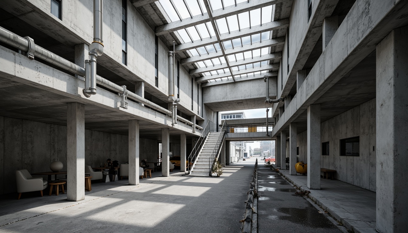 Prompt: Raw concrete walls, exposed ductwork, industrial pipes, polycarbonate panels, translucent roofing, brutalist architecture, urban cityscape, modern interior design, minimalist decor, monochromatic color scheme, cold harsh lighting, dramatic shadows, low-angle composition, wide-angle lens, high-contrast image, abstract textures, ambient occlusion.