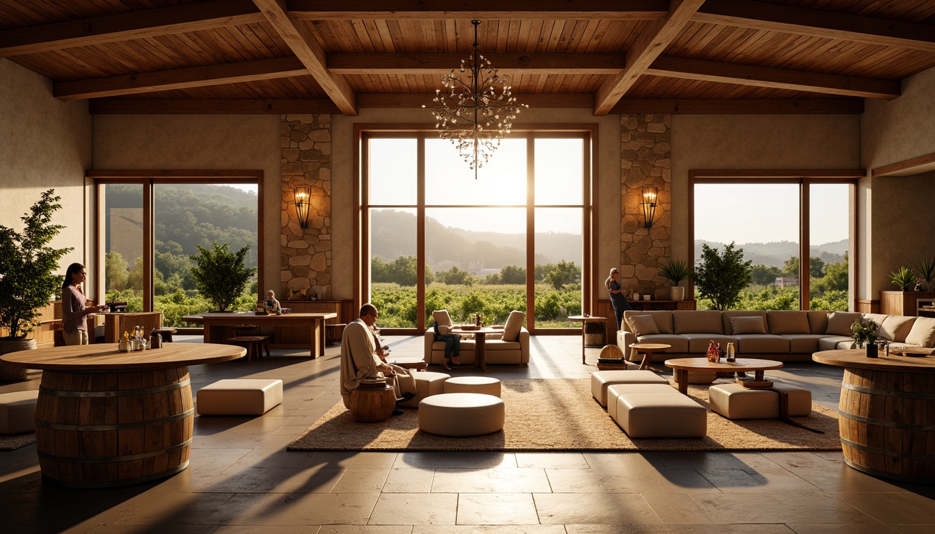 Prompt: Rustic winery, earthy tones, warm golden lighting, natural stone walls, wooden barrel accents, lush green vineyards, rolling hills, sunny afternoon, soft warm glow, shallow depth of field, 2/3 composition, symmetrical architecture, modern fusion design, curved lines, minimalist decor, elegant chandeliers, rich wood textures, ambient occlusion.